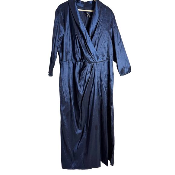 Marina Plus Size Navy Taffeta Surplice V-Neck 3/4 Sleeve Faux Wrap Dress 2X - Picture 3 of 11